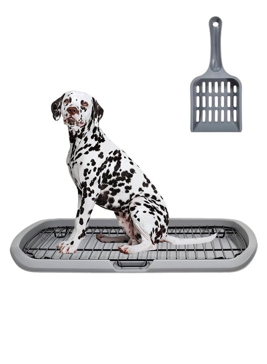 Dog toilet training with Barrier grid, Splash-proof design, Carrying handle, and Litter scoop, Large stainless steel dog toilet for All-sized breeds, Ideal for indoor/outdoor use, 65 cm (Grey)