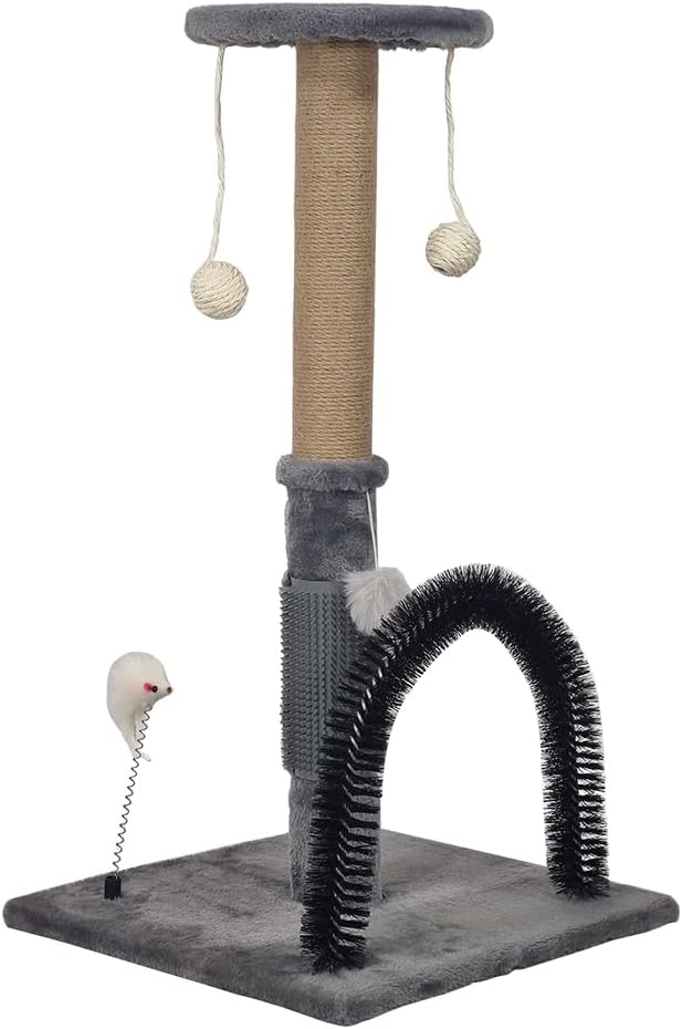 Cat tree scratcher with Perch, Hanging toys, Natural sisal scratching post, Punching toy, and Arch self-grooming brush, Cat climbing tower for indoor cats, Easy to assemble 76 cm (Grey)