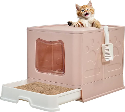 Cat Litter Box with Front Entry & Top Exit, Transparent Door, Sand Filter Pedal, Litter Scoop, and Drawer Type, Foldable Cat Litter house box for Indoor Cats, Easy to Clean