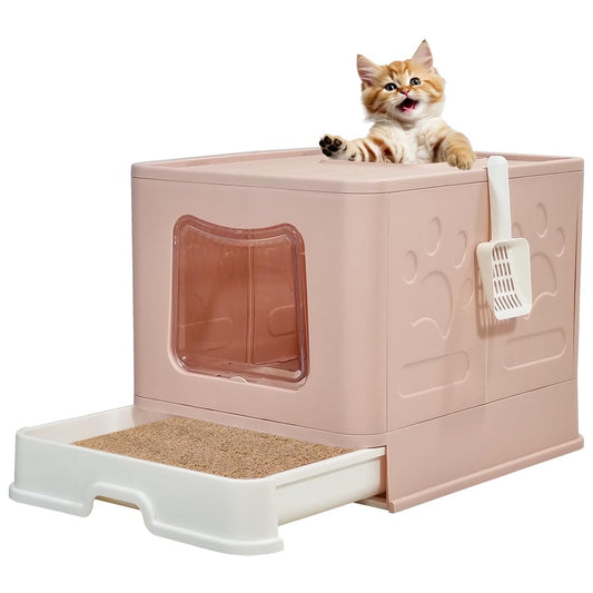 Foldable enclosed cat litter box with Top & Front entry, Transparent door, Sand filter pedal, Litter scoop, and Drawer type, Splash-proof design cat toilet for Indoor cats, Easy to clean 60 cm (Pink)