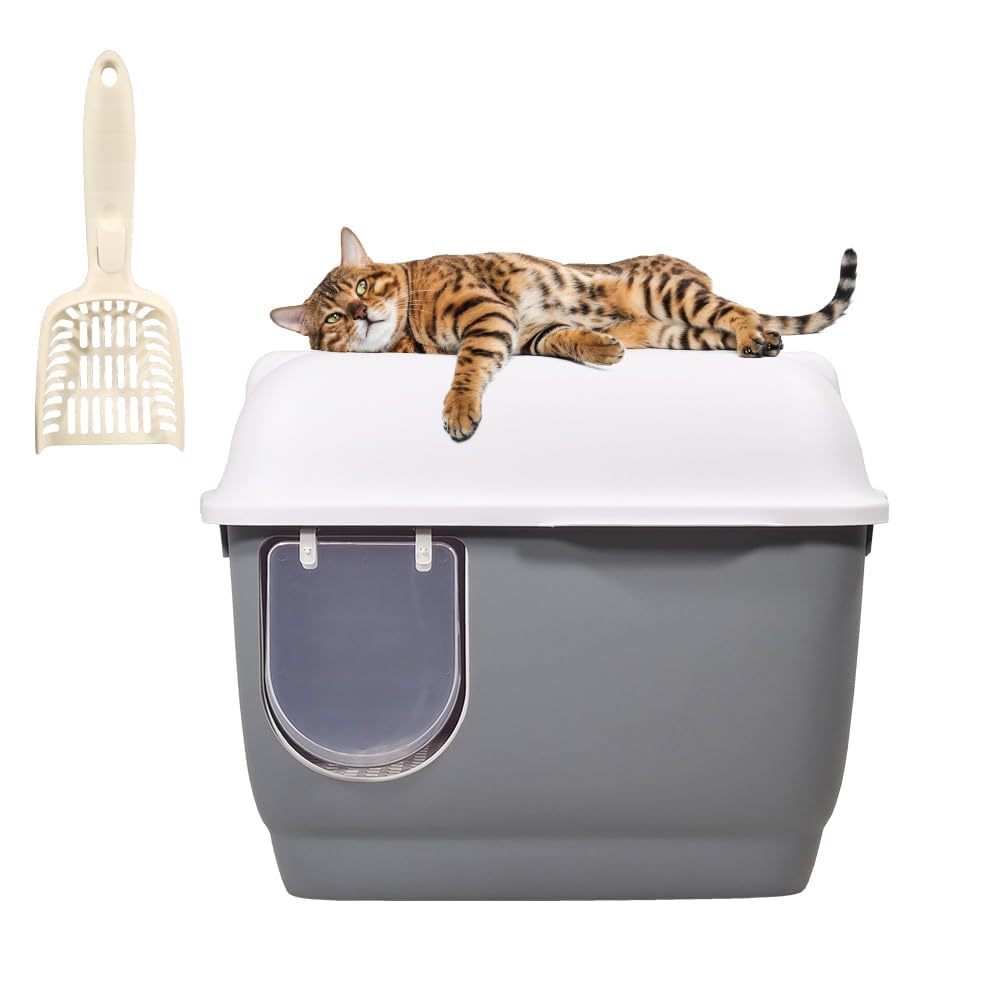 Enclosed cat litter box with Long corridor style cat litter box, Transparent door, Litter scoop, and Detachable design, Splash-proof cat toilet for Indoor/Outdoor use, 57 cm (Grey)