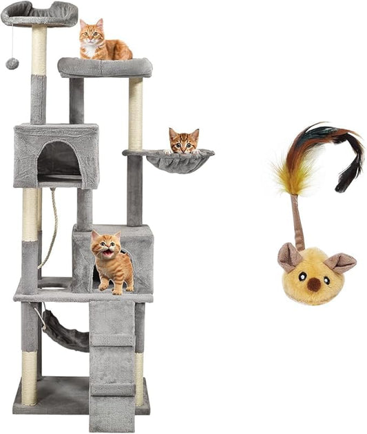 Multi-level cat tree tower with Electric mouse toy, Plush perches, Cozy hammock, Sisal scratching post, Double cat condos, and Climbing ladder, Ideal for indoor cats & kittens, 182 cm (Grey)