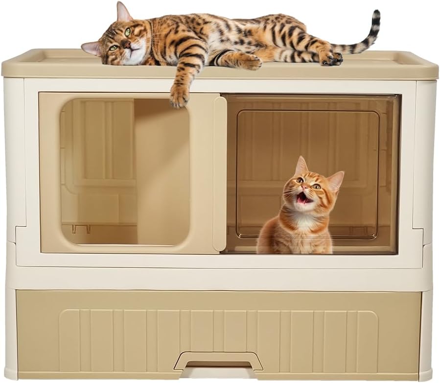 Cat cabinet, Durable 3-layer cat combination litter box with Storage area, Sleeping area, Cat toilet, and Rolling wheels, Durable plastic cat litter box, Ideal for indoor/outdoor use 115 cm