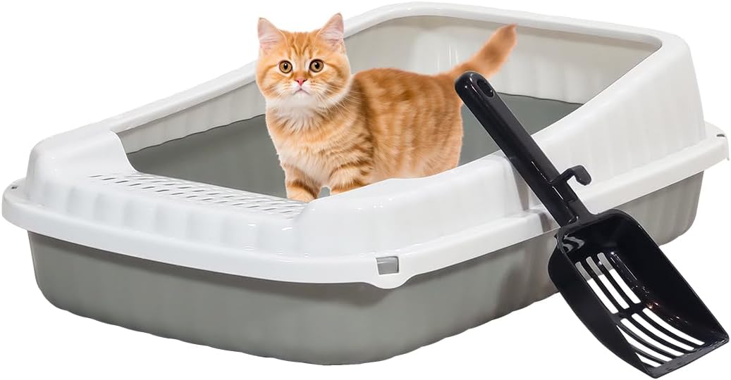 Semi-enclosed Cat litter box for Medium-sized cats, Odor control plastic cat toilet with Litter scoop, Grid design, Lightweight, and Raised fence, Detachable for easy cleaning, 49 cm