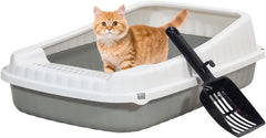 Semi-enclosed Cat litter box for Medium-sized cats, Odor control plastic cat toilet with Litter scoop, Grid design, Lightweight, and Raised fence, Detachable for easy cleaning, 49 cm