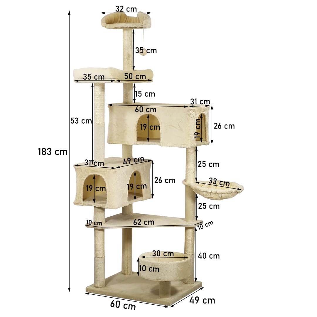 183cm Cat Tree Tower Indoor - Sisal Scratching Post with Soft Perches - Cozy Cat Condos & Bottom Cat Nest - Tall Cat Tree Activity Center for Big Cats to Climb & Relax (Beige)