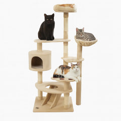 Cat Tree for Big Cats with Top Soft Plush | Cat Tower with Paw Shape Perch & Hammock, Multi-level Cat Tower with Cozy Condo | Fun Ladder & Scratching Posts | Indoor Cat House (Beige, 150 cm)