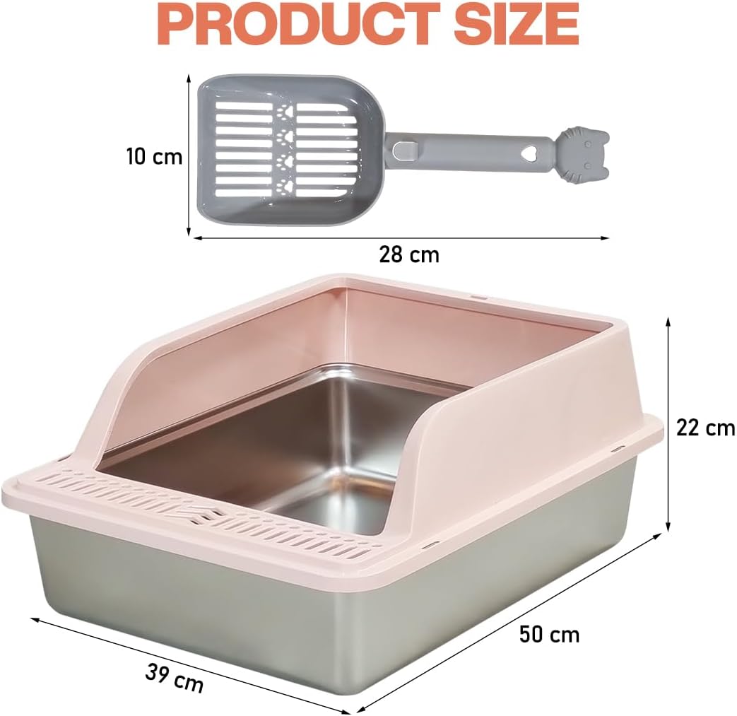 Semi-enclosed stainless steel cat litter box with a Litter scoop, Grid design, and High wall side cover, Durable litter box for Indoor cats, Detachable design for easy cleaning, 50 cm