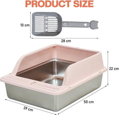 Semi-enclosed stainless steel cat litter box with a Litter scoop, Grid design, and High wall side cover, Durable litter box for Indoor cats, Detachable design for easy cleaning, 50 cm