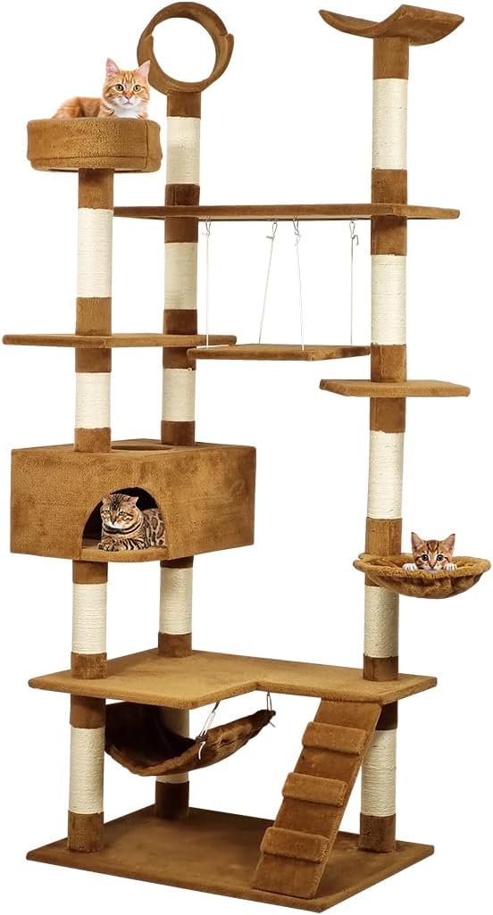 Large Cat Tree - 210 cm Cat Tower for Indoor Cats - Dangling Ball, Cozy Hammocks, Cat Scratching Posts & Durable Cat Condo - Cat Activity Center for Climbing & Playing (Chocolate, Large)