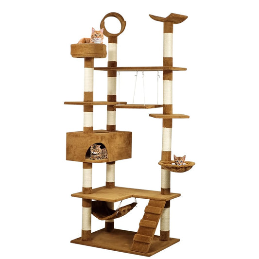 Multi-level cat tree tower with Multiple perches, Sisal scratching post, Spacious cat condo, Double hammocks, and Climbing ladder, a Large cat climbing tower for Indoor cats, 210 cm (Chocolate)