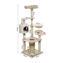 Cat Tree for Big Cats with Top Soft Plush | Cat Tower with Paw Shape Perch & Hammock, Multi-level Cat Tower with Cozy Condo | Fun Ladder & Scratching Posts | Indoor Cat House (Beige, 150 cm)