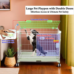 Dog Cage Indoor Large | Heavy-Duty Metal Dog Crate with Double Door Design | Portable Kennel with Pull-Out Tray, Secure Lock & Universal Wheels, Dog Playpen for Small & Medium Dogs, 81cm (Green)