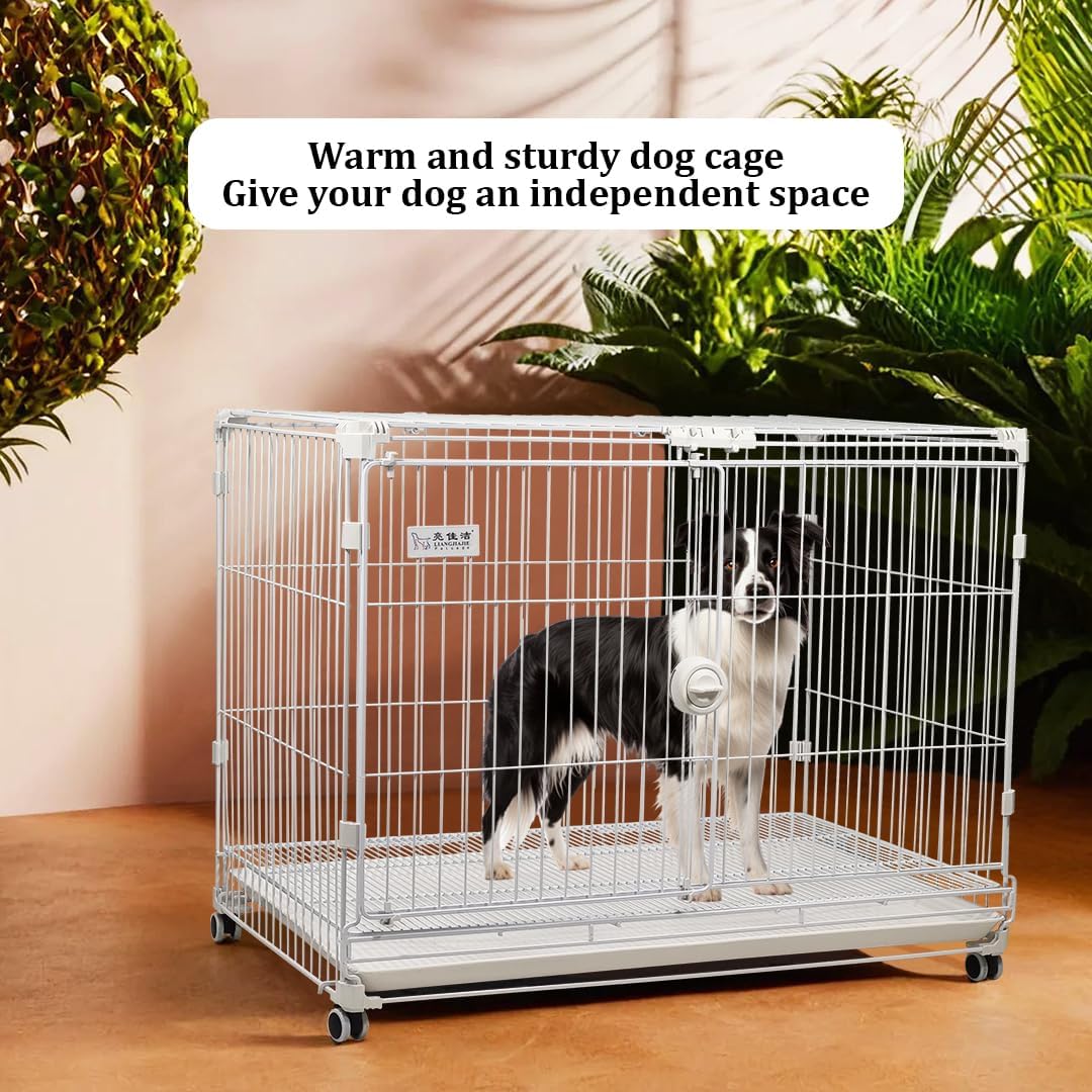 Dog cage crate kennel with Durable metal wire, Open-top design, Secure door lock, Removable tray, and Universal wheels, Heavy-duty dog cage for Large breeds, Ideal for indoor/outdoor 95 cm (White)