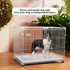 Dog cage crate kennel with Durable metal wire, Open-top design, Secure door lock, Removable tray, and Universal wheels, Heavy-duty dog cage for Large breeds, Ideal for indoor/outdoor 95 cm (White)