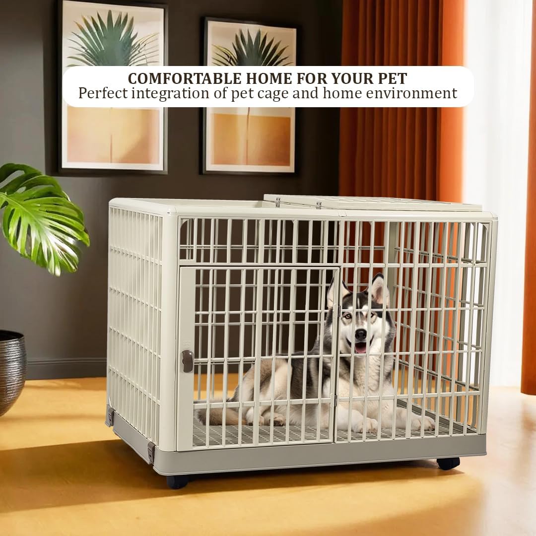 Dog Cage | Durable Plastic Dog Crate for Small & Medium Dogs with Open-top Design | Lockable Door & Universal Wheels, | Dog Kennel for Indoor & Outdoor Use | Easy Assembly (Khaki, Medium)
