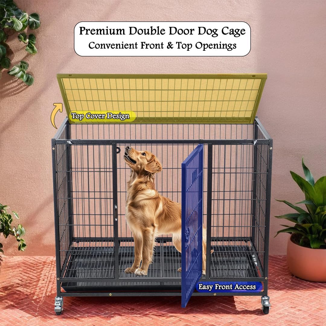 Dog Cage - Heavy-Duty Metal Dog Crate for Large, Medium & Small Dogs - Dog Kennel with Stackable Design with Open-Top Cover, Lockable Door, Tray & Universal Wheels, Indoor & Outdoor Use, 94cm (Black)