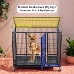Dog Cage - Heavy-Duty Metal Dog Crate for Large, Medium & Small Dogs - Dog Kennel with Stackable Design with Open-Top Cover, Lockable Door, Tray & Universal Wheels, Indoor & Outdoor Use, 94cm (Black)
