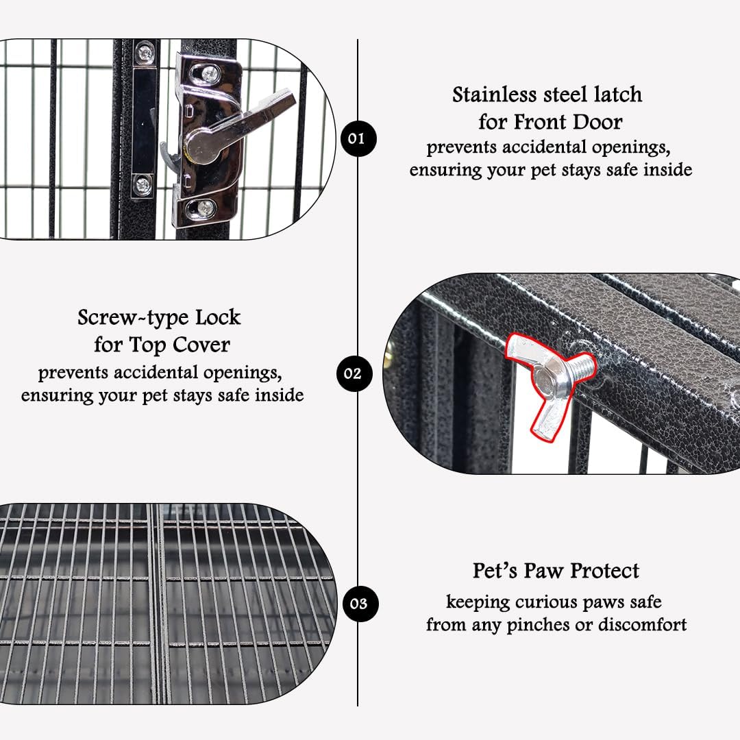 Dog Cage - Heavy-Duty Metal Dog Crate for Large, Medium & Small Dogs - Dog Kennel with Stackable Design with Open-Top Cover, Lockable Door, Tray & Universal Wheels, Indoor & Outdoor Use, 94cm (Black)