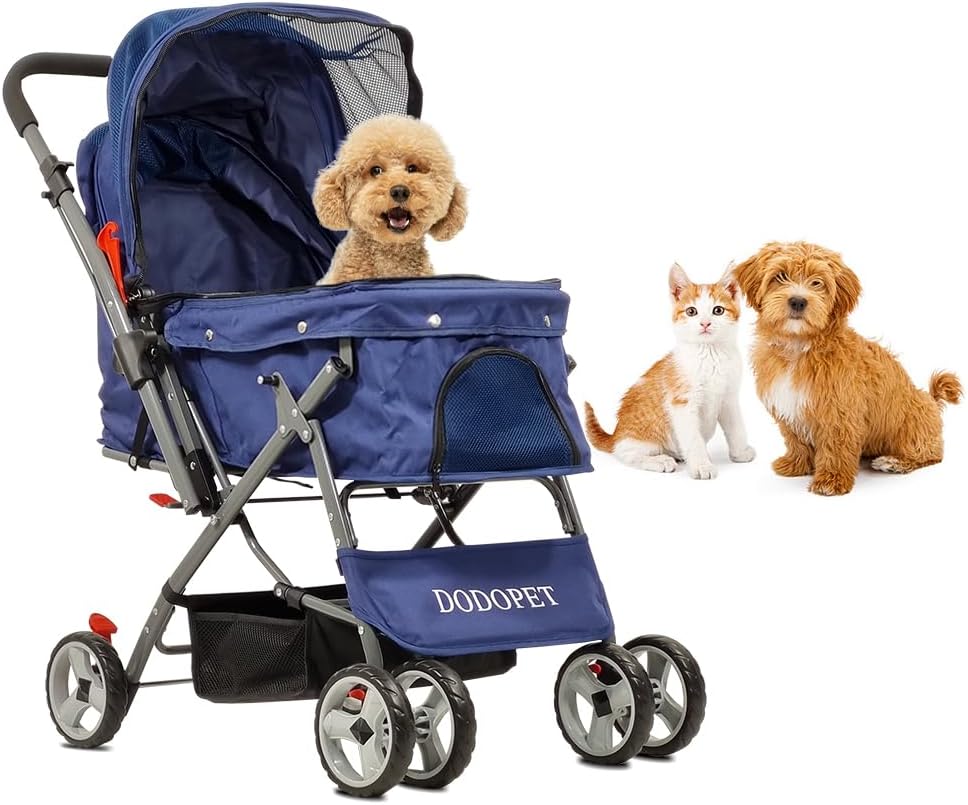 Pet Stroller for Cats and Dogs | Lightweight & Foldable | Dog Stroller with Adjustable Canopy & Spacious Interior | Storage Bag and Universal Wheels | Travel & Outdoor Cat Stroller (Dark Blue)