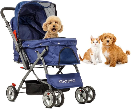 Pet Stroller for Cats and Dogs | Lightweight & Foldable | Dog Stroller with Adjustable Canopy & Spacious Interior | Storage Bag and Universal Wheels | Travel & Outdoor Cat Stroller (Dark Blue)