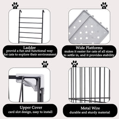 Cat Cage - Pet House for Indoor Cats & Kittens - 2 Lockable Doors, Climbing ladder, Removable Tray and Universal Wheels, 2-tier metal wire Cat Home - Easy Assembly 102 cm (Grey)