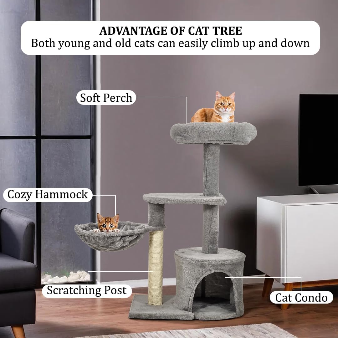 Modern cat tree with Padded perch, Plush hammock, Cozy condo, and Natural sisal scratching post, Multi-tier cat climbing tower for Indoor cats & Kittens, Easy to assemble, 84 cm