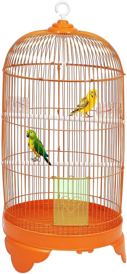Round Bird Cage with Plastic Base, Metal Wire, Feeding Bowls, Swing, and Perches, 73 cm Travel Portable Cage for Parakeets, Canaries, and Small Birds, Indoor Outdoor Use, Convenient hook (ORANGE)