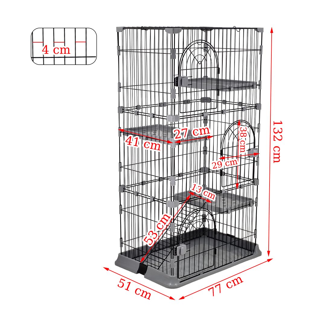 NNC PETS Cat Cage Playpen Kennel - 3-layer Metal Wire Crate for Multi-Cat Households - 3-Lockable Door, Wide Platforms - 132cm Pet Cage with Ladder & Leak-Proof Base (Grey, Large)
