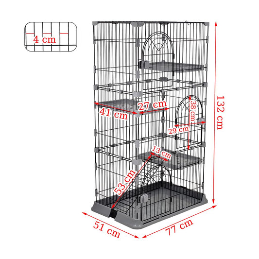 NNC PETS Cat Cage Playpen Kennel - 3-layer Metal Wire Crate for Multi-Cat Households - 3-Lockable Door, Wide Platforms - 132cm Pet Cage with Ladder & Leak-Proof Base (Grey, Large)