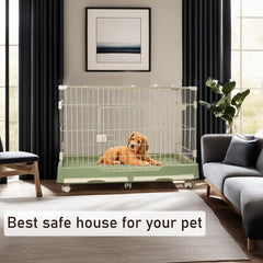 Pet Cage for Cat & Dogs | Dog Cage Playpen with Open-Top Design, Metal Wire, Lockable Door, Removable Tray & Universal Wheels | Ideal for Indoor/Outdoor | Easy to Assemble (Green, Large - 100 cm)