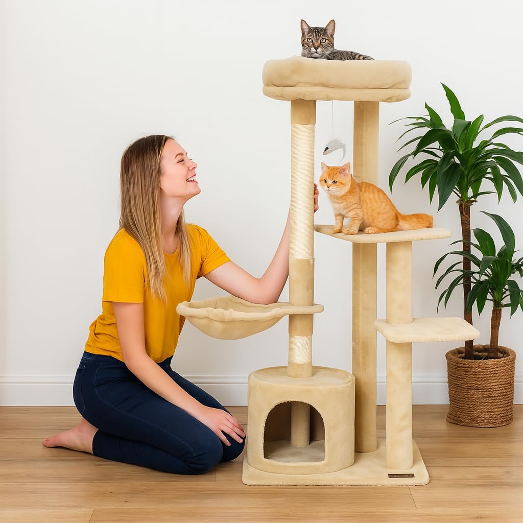 Cat Tree for Big Cats with Top Soft Plush | 108cm Cat Tower Activity Center | Dangling Mouse & Sisal Scratching Post | Hammock & Cozy Cat Condo | Easy to Assemble (Beige, 108 cm)