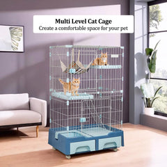 Cat cage playpen for Multi-cat household, 3-tier cat cage with Cozy hammock, Wide platform, Climbing ladder, Build-in litter box, and Universal wheels, Ideal for indoor/outdoor use 133 cm (Blue)