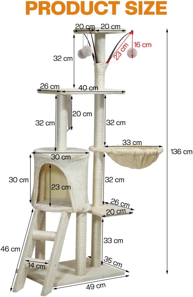 Multi-level cat tree tower for Indoor cats & Kittens, Sturdy activity center with Hanging toys, Sisal scratching post, Cozy Hammock, Plush Condo and Ladder, Easy assembly, 136 cm