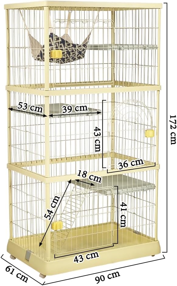 Large cat cage with 3 lockable doors, Cozy hammock, Wide platforms, Climbing ladder, and Universal wheels, Durable metal wire cat cage, Ideal for Multi-cat households, Easy assembly 172 cm (Yellow)