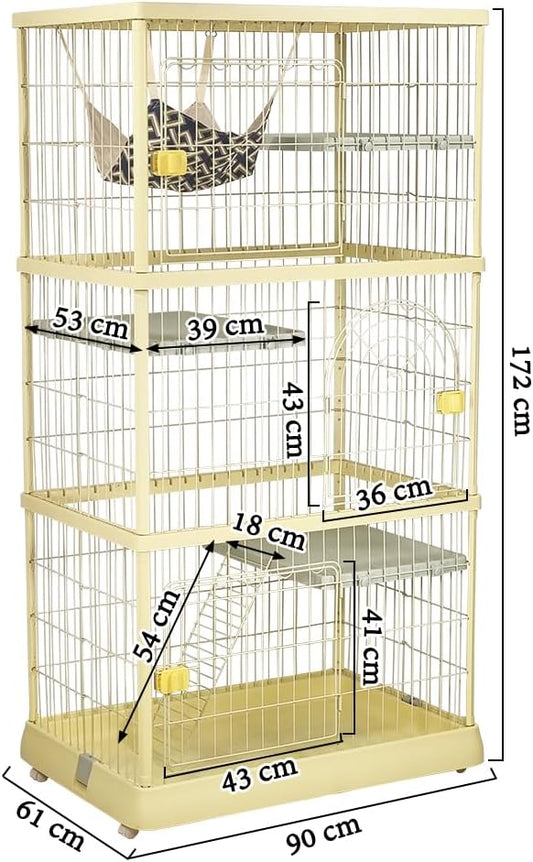 Large cat cage with 3 lockable doors, Cozy hammock, Wide platforms, Climbing ladder, and Universal wheels, Durable metal wire cat cage, Ideal for Multi-cat households, Easy assembly 172 cm (Yellow)