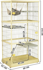 Large cat cage with 3 lockable doors, Cozy hammock, Wide platforms, Climbing ladder, and Universal wheels, Durable metal wire cat cage, Ideal for Multi-cat households, Easy assembly 172 cm (Yellow)
