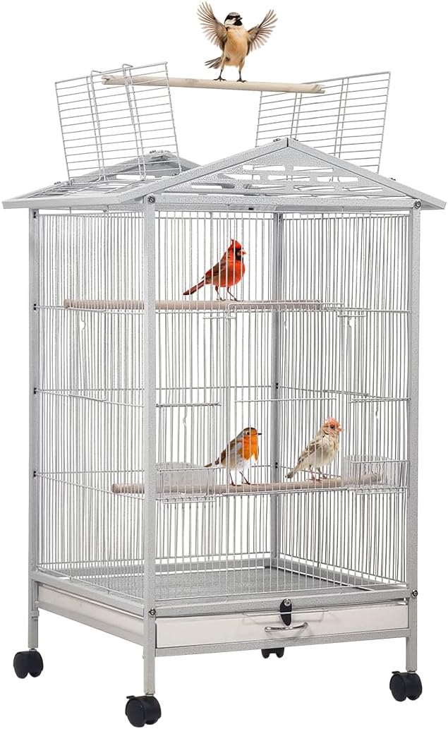 Bird Cage - Bird House & Villa - Parrot Cage for Small to Medium-Sized Birds – 87 cm Durable Metal Birdcage with Wooden Standing Perch, Feeding Cups, Slide-Out Tray, and Universal Wheels