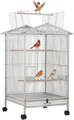 Bird Cage - Bird House & Villa - Parrot Cage for Small to Medium-Sized Birds – 87 cm Durable Metal Birdcage with Wooden Standing Perch, Feeding Cups, Slide-Out Tray, and Universal Wheels