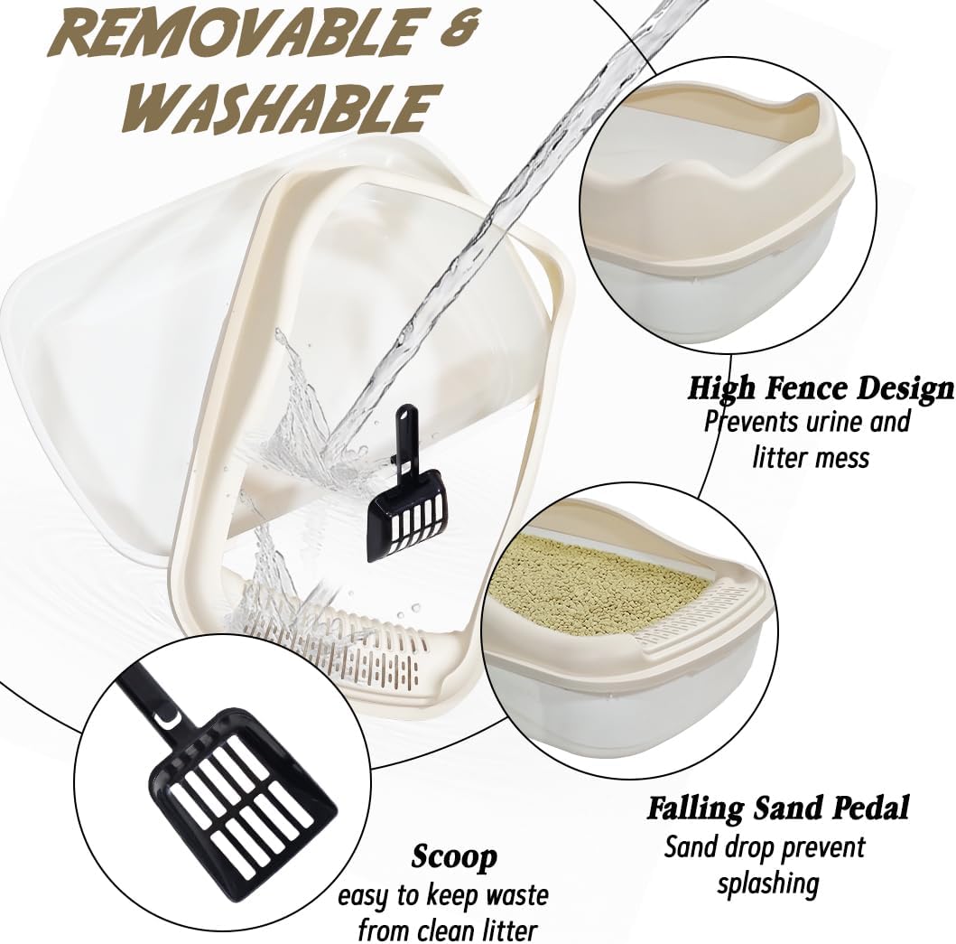 Anti-splash cat litter box with Enclosed design, Easy to clean, Durable plastic material and Removable, Cat Litter Pan with Scoop, Portable, Large size, High fence, and All size cats
