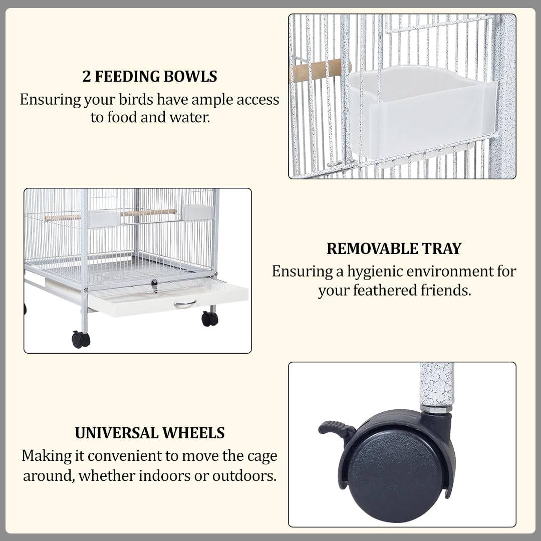 Bird Cage - Bird House & Villa - Parrot Cage for Small to Medium-Sized Birds – 87 cm Durable Metal Birdcage with Wooden Standing Perch, Feeding Cups, Slide-Out Tray, and Universal Wheels