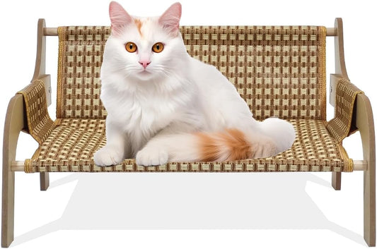 Cat furniture with Wooden frame, Woven surface, Scratch resistant, & Comfortable, 52 cm Pet bed for Cats & Small dogs, Raised cat chair, Elevated rattan cat bed with Portable & Easy to clean (Brown)