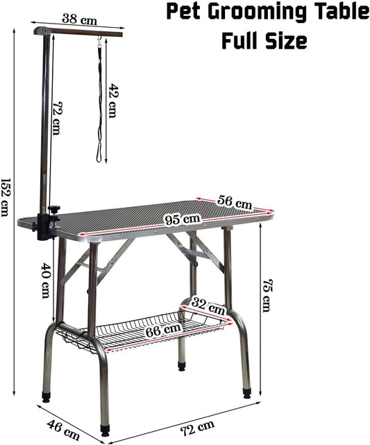 Foldable Pet Grooming Table with Non-slip surface, Folding crossbeams, and Portable Beauty station for small to medium pets, Space saving design, Storage Basket, Adjustable Arm & Noose, 152 cm (Black)