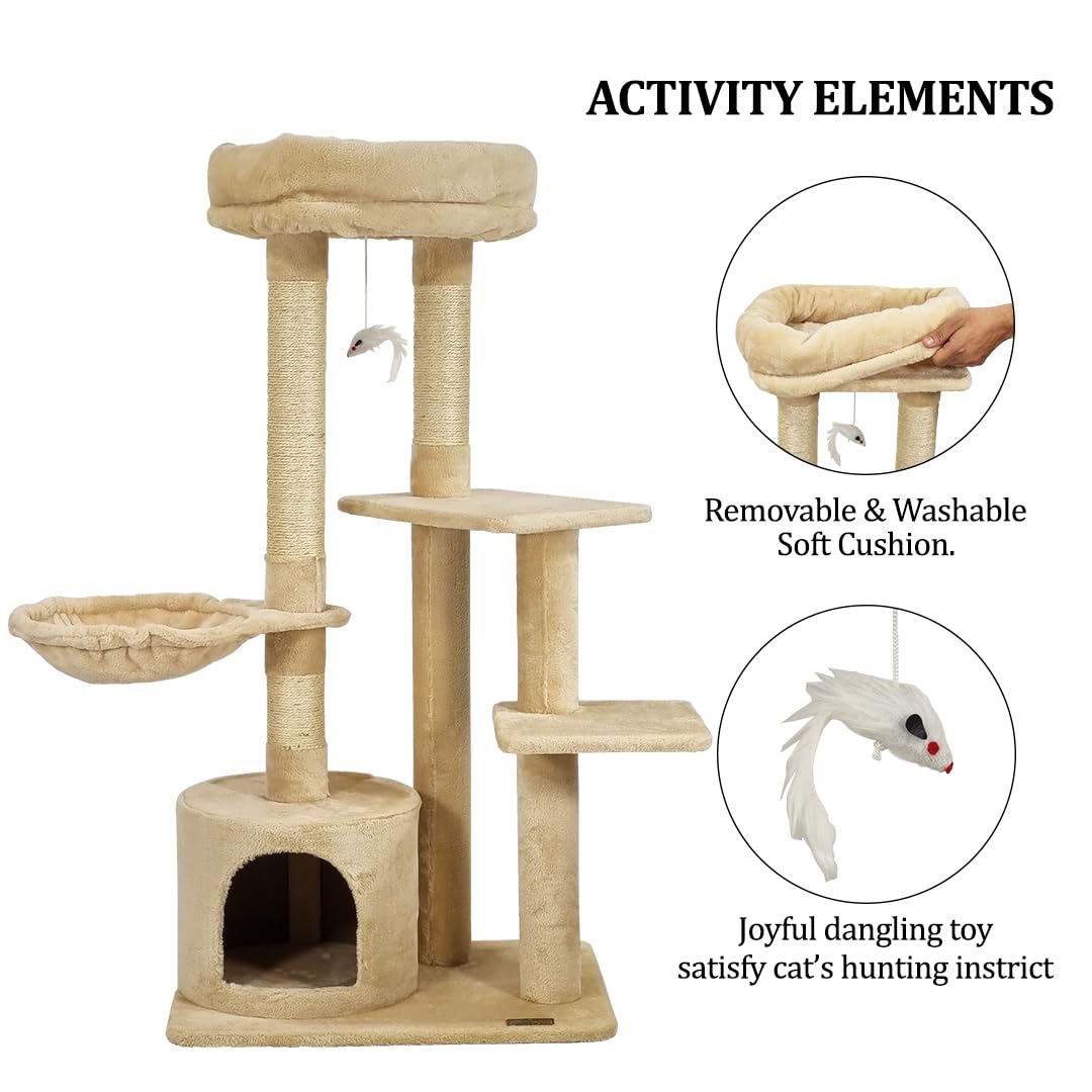 Cat Tree for Big Cats with Top Soft Plush | 108cm Cat Tower Activity Center | Dangling Mouse & Sisal Scratching Post | Hammock & Cozy Cat Condo | Easy to Assemble (Beige, 108 cm)
