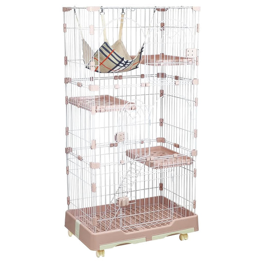 3-Tier cat cage for cats & kittens, Large cat playpen with 3 Lockable doors, Cozy hammock, Climbing ladder, Slide-out tray, and Universal wheels, Ideal for indoor/outdoor use, 145 cm (Pink)