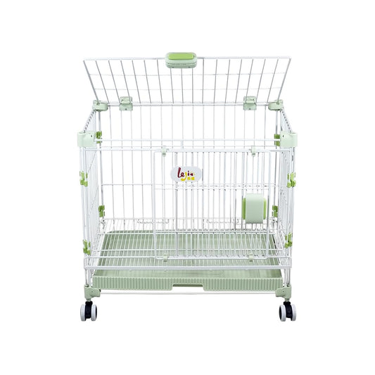 Metal foldable dog cage for small to medium dogs, 25Ã¢ÂÂ Dog kennel with Open-top design, Lockable door, Slide-out tray, and Universal wheels, Indoor/Outdoor use, Easy to assemble, 64 cm (Green)