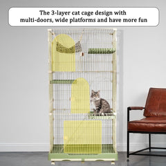Large cat cage with 3 lockable doors, Hammock, Wide platforms, Climbing ladder, Removable tray, and Universal wheels, Durable metal wire cat cage for indoor & outdoor, Easy assembly 190 cm (Green)