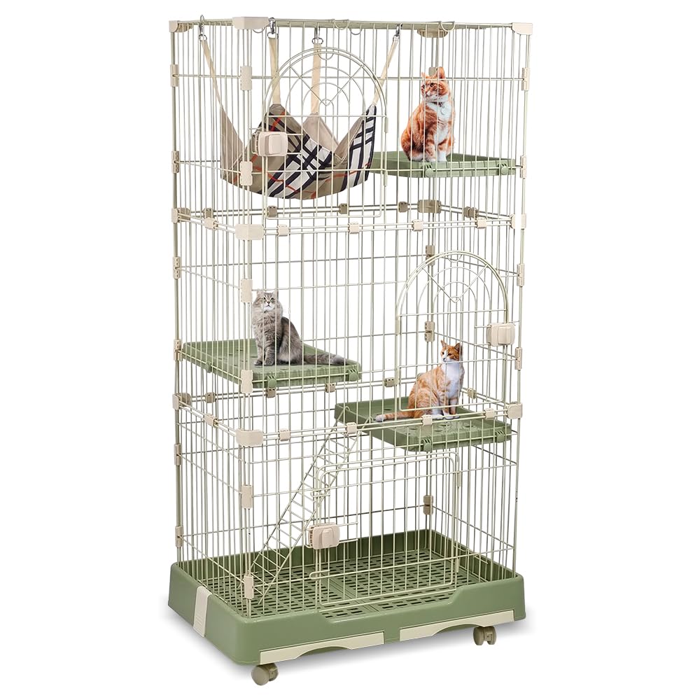NNC PETS 3-Tier Cat Cage Indoor - Large Metal Cat Crate Kennel with 3 Lockable Doors - Cozy Hammock & Wide Platforms - Climbing Ladder, Drawer Tray & Universal Wheels, 146cm(Green, Large)
