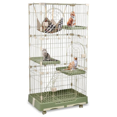 NNC PETS 3-Tier Cat Cage Indoor - Large Metal Cat Crate Kennel with 3 Lockable Doors - Cozy Hammock & Wide Platforms - Climbing Ladder, Drawer Tray & Universal Wheels, 146cm(Green, Large)