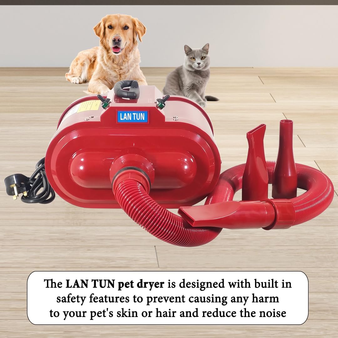Dog Grooming - Pet Grooming Hair Dryer Vacuum Kit - Dog Hair Dryer, Blower - 240V Powerful with Adjustable Speed & Heat, Low - 3 Nozzles - Portable Handle - ABS Material (Red)